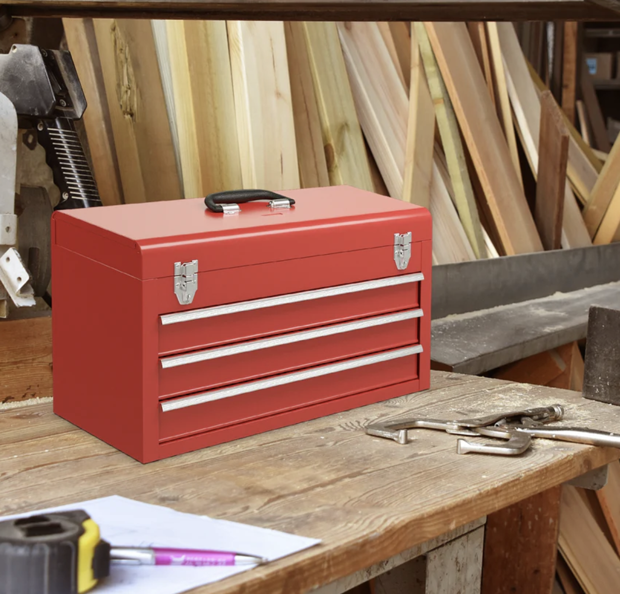 Portable Garage Mechanic Tool Cabinet Box with 3 Drawers-Red