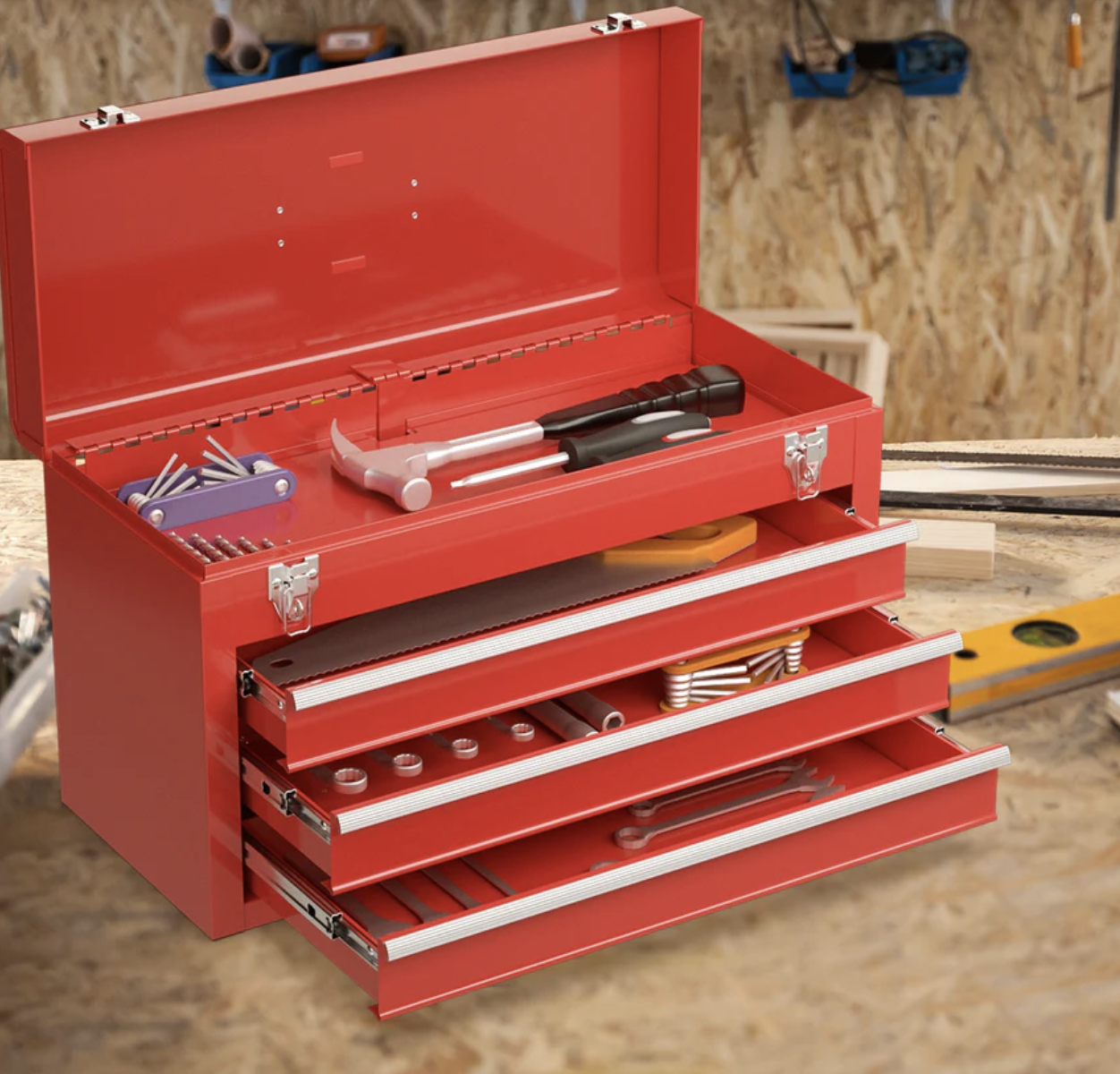 Portable Garage Mechanic Tool Cabinet Box with 3 Drawers-Red